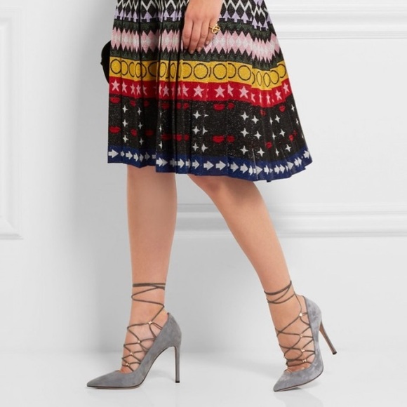 J4. Valentino Rock Stud Gray Suede Lace Up High Heel Pumps Pointed Toe - Picture 2 of 8